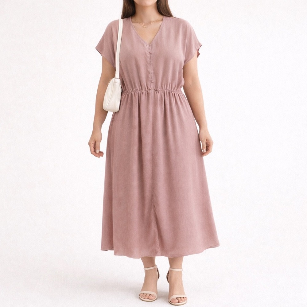 Women’s Midi Dress in Dusty Rose - Casual V-Neck with Elastic Waist